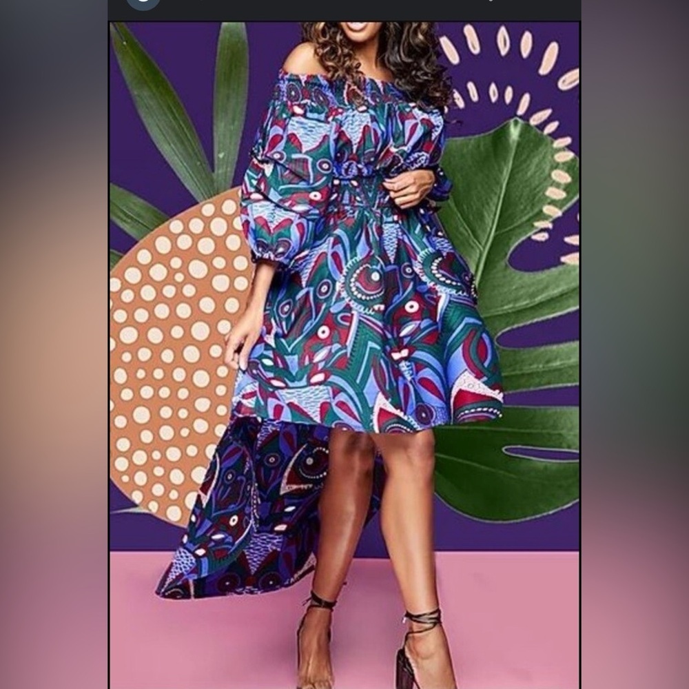 Kara Chic by NF  Blue Patterned Off-Shoulder High Low Dress ONE SIZE